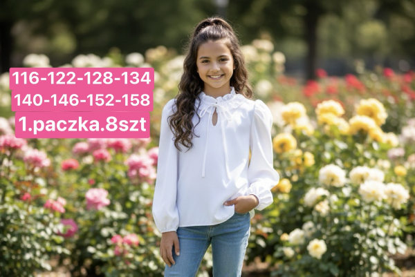 Koszule dziewczęce Roz 116-158, 1 kolor Paczka 7 szt